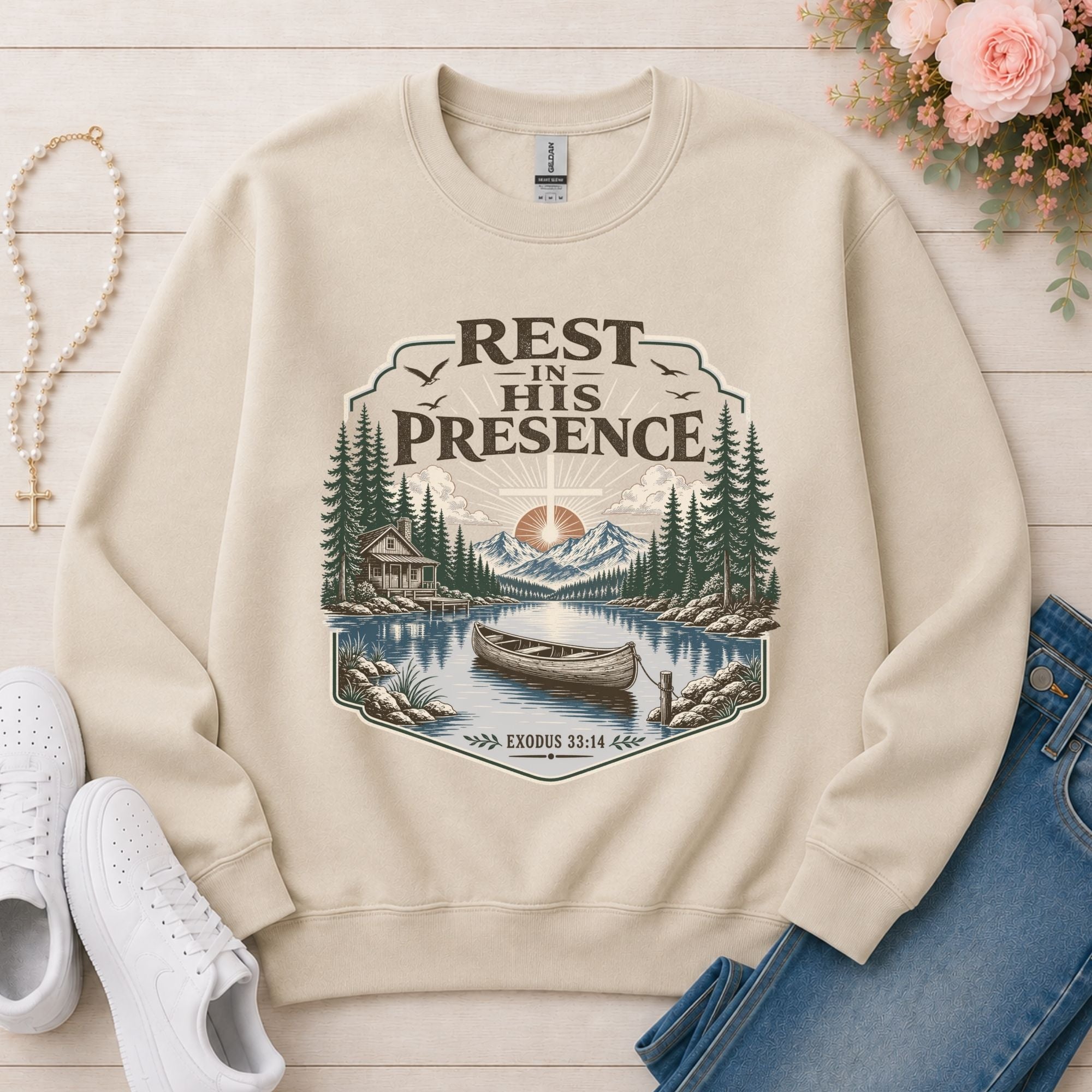 Rest in His Presence Christian sweatshirt in Sand