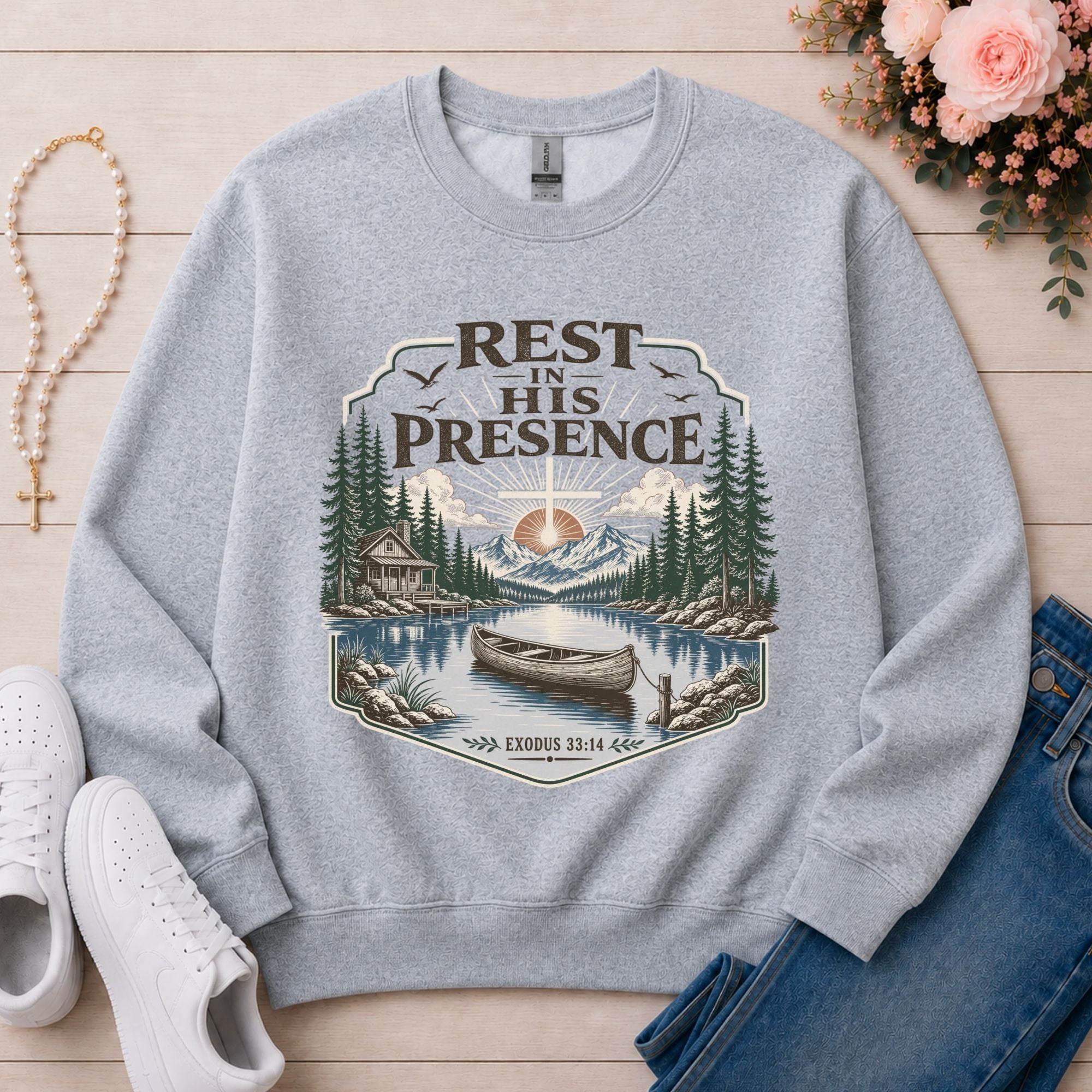 Rest in His Presence Christian sweatshirt in Sport Grey