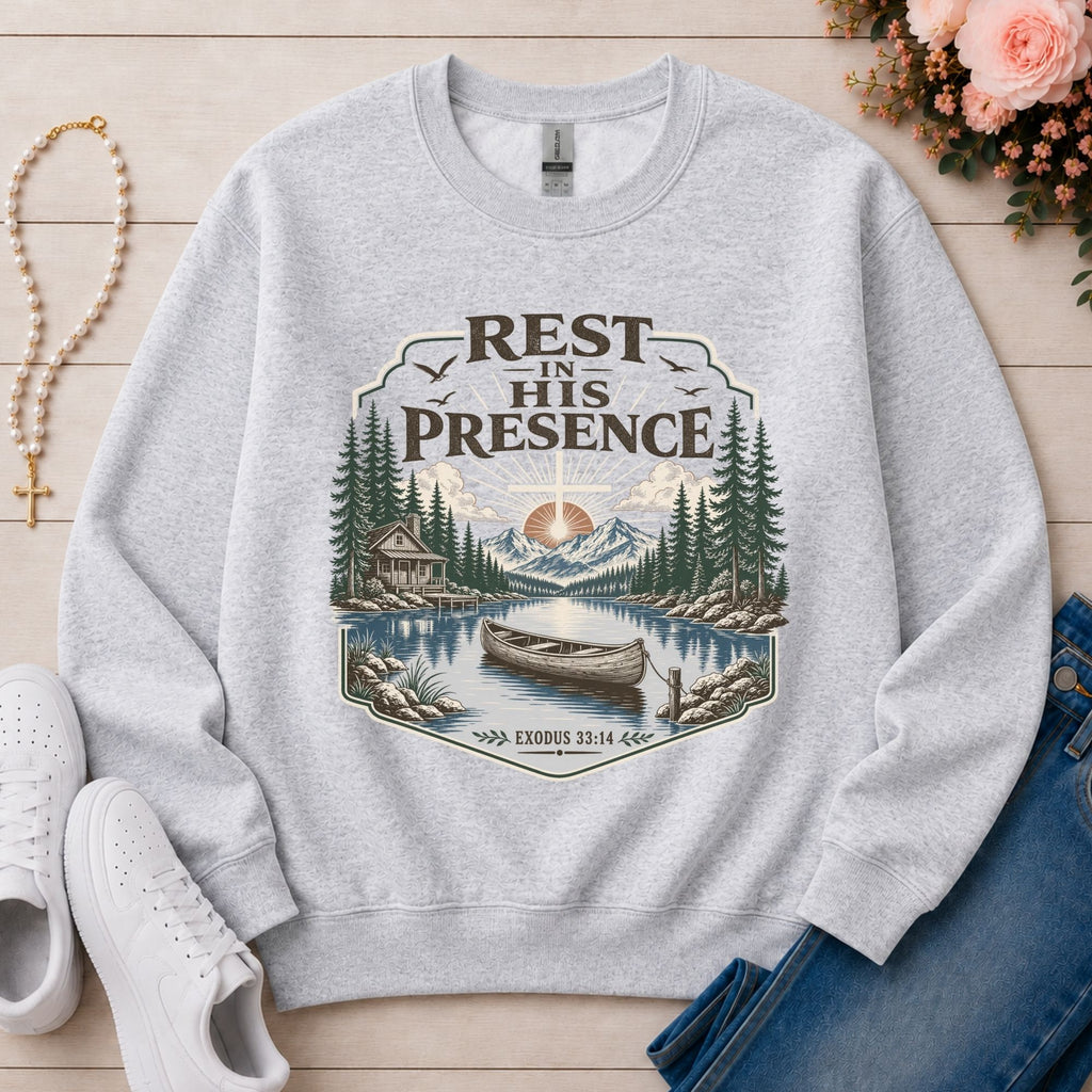 Rest in His Presence Christian sweatshirt in Ash