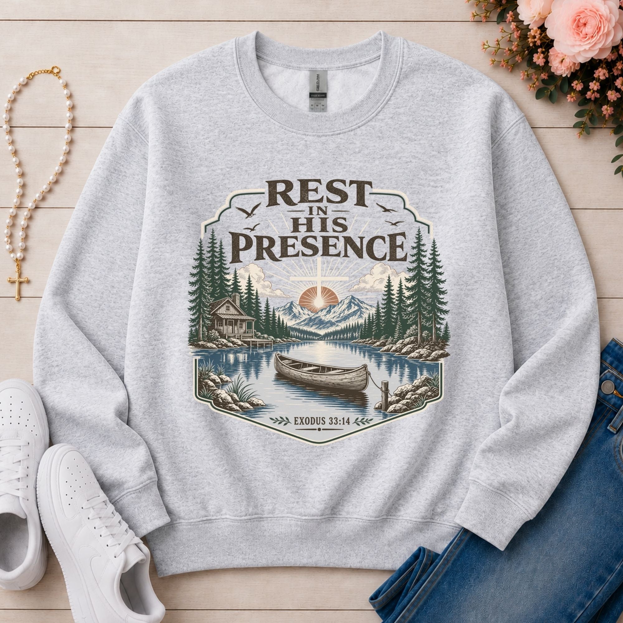 Rest in His Presence Christian sweatshirt in Ash