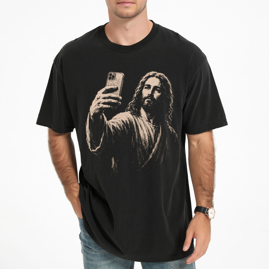 Man wearing Jesus Selfie Christian Comfort Colors T-Shirt in Black