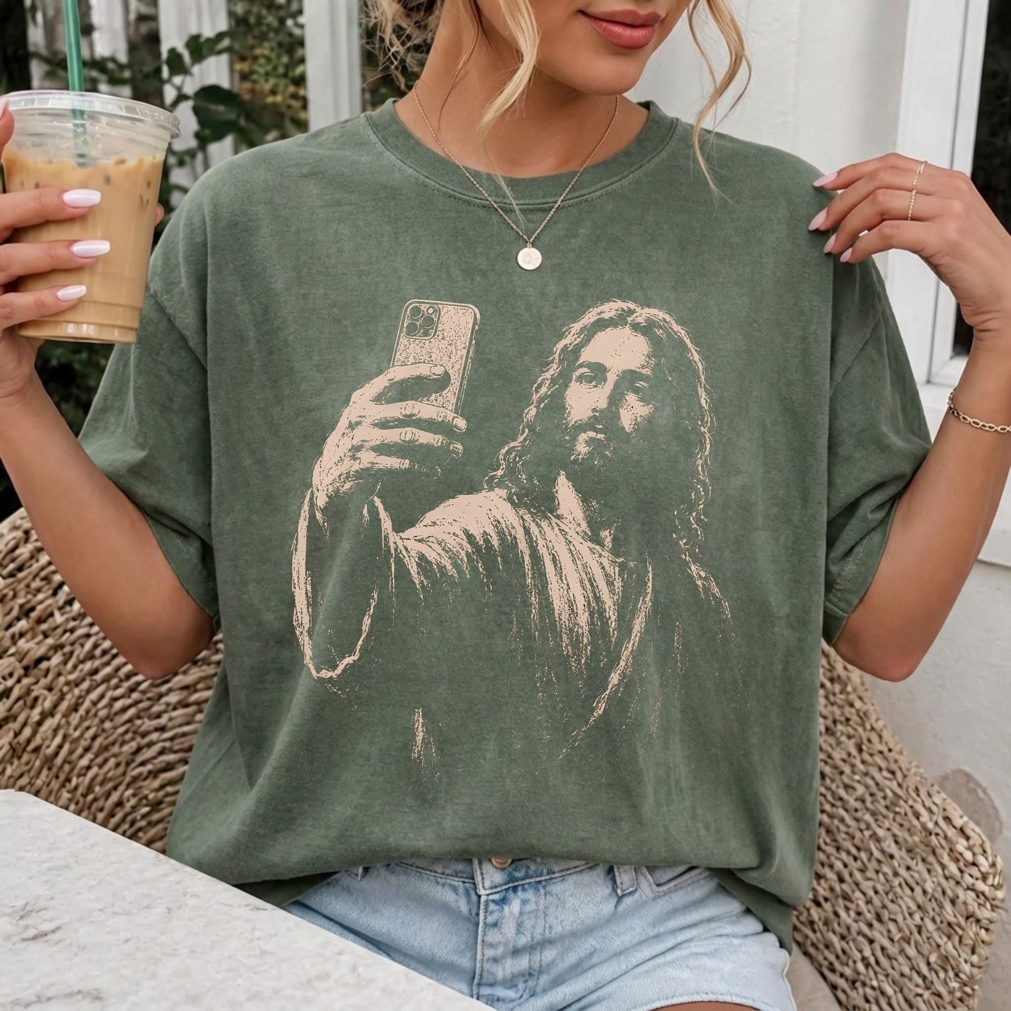 Woman wearing Jesus Selfie Christian Comfort Colors T-Shirt in Moss