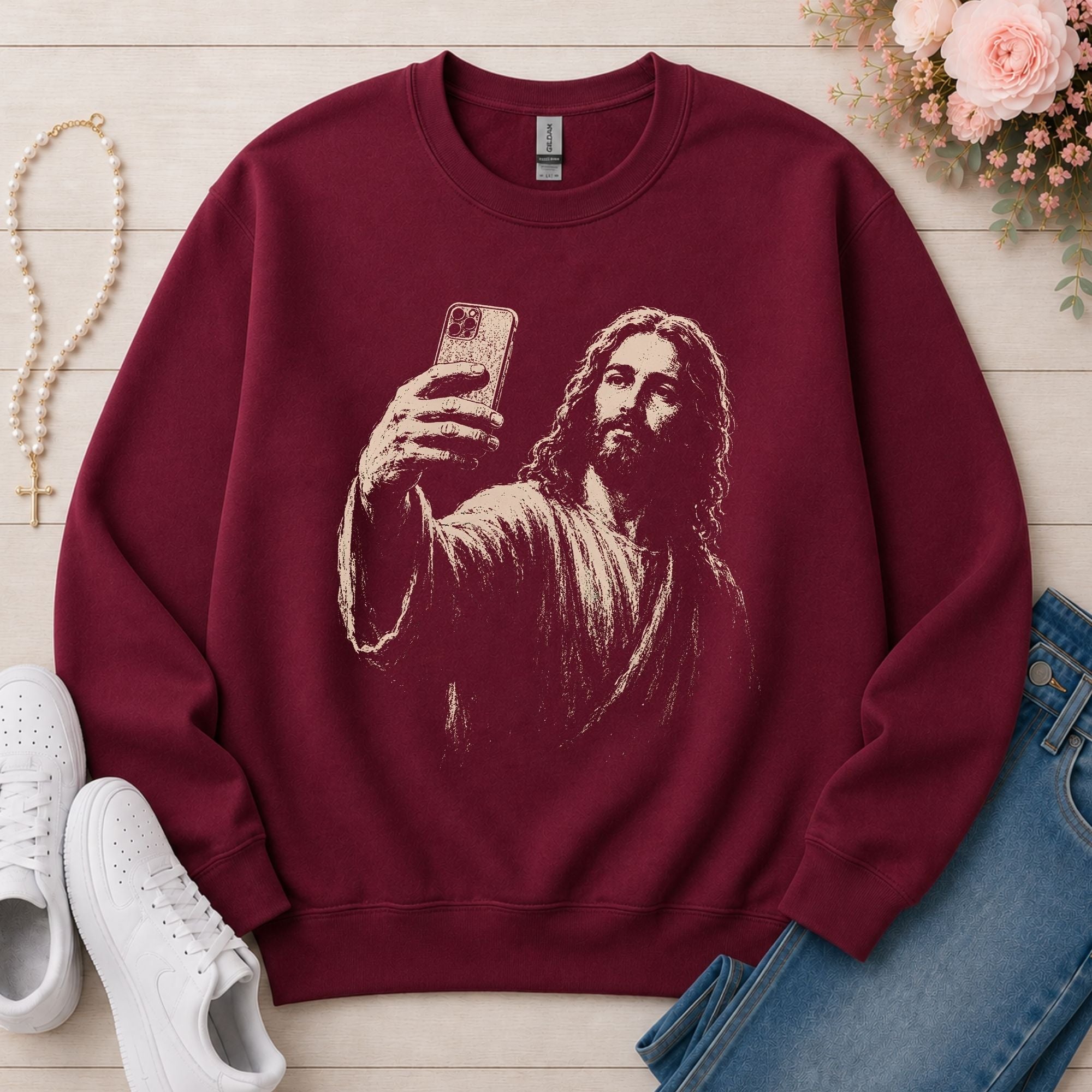 Jesus Selfie Christian sweatshirt in Maroon