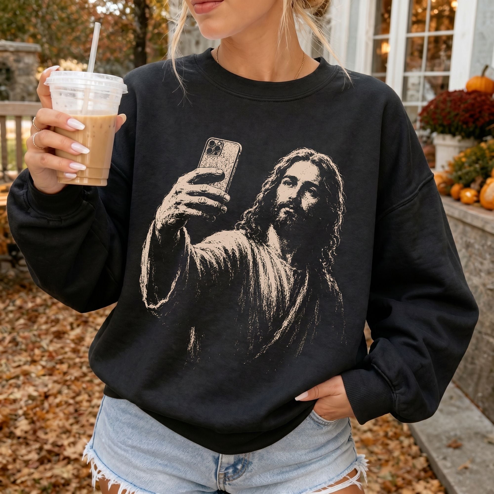 Woman wearing Jesus Selfie Christian sweatshirt in Black