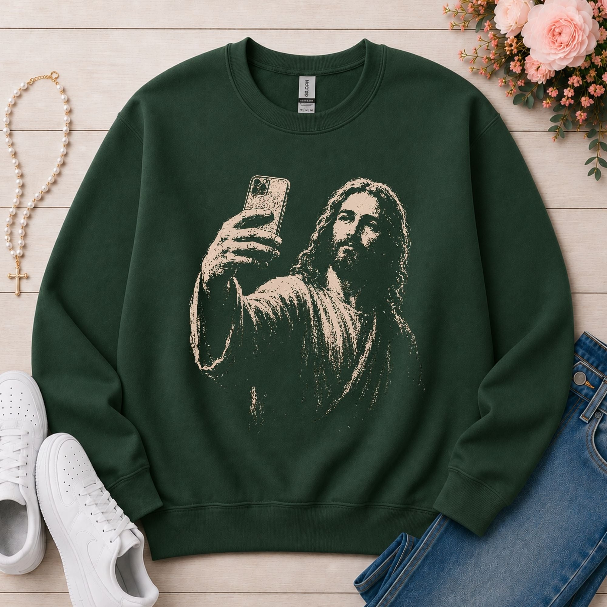 Jesus Selfie Christian sweatshirt in Forest Green