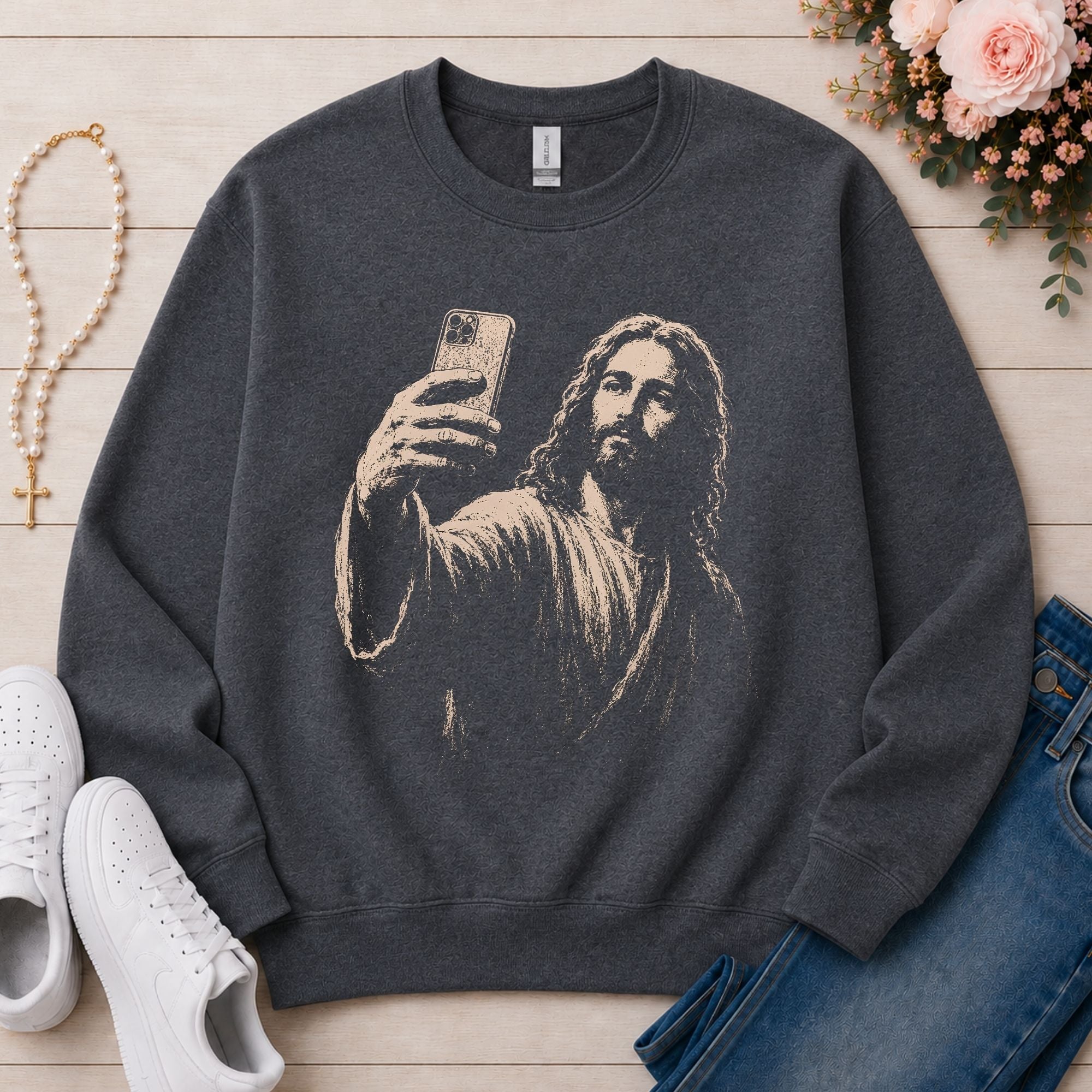 Jesus Selfie Christian sweatshirt in Dark Heather