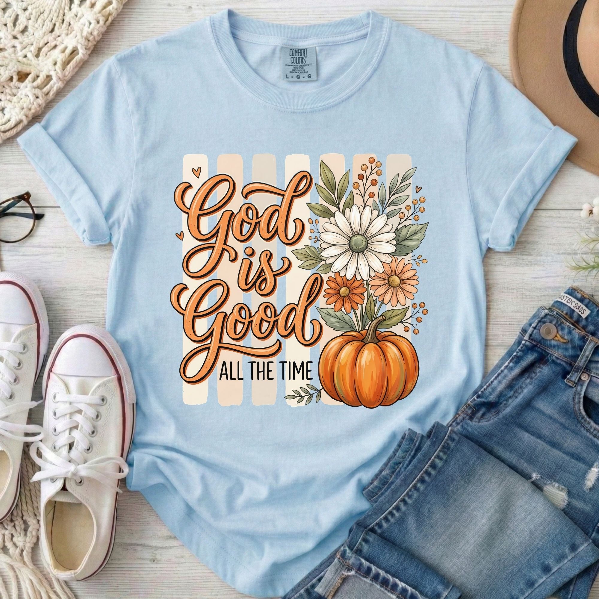 God Is Good All the Time Christian Comfort Colors T-Shirt in Chambray