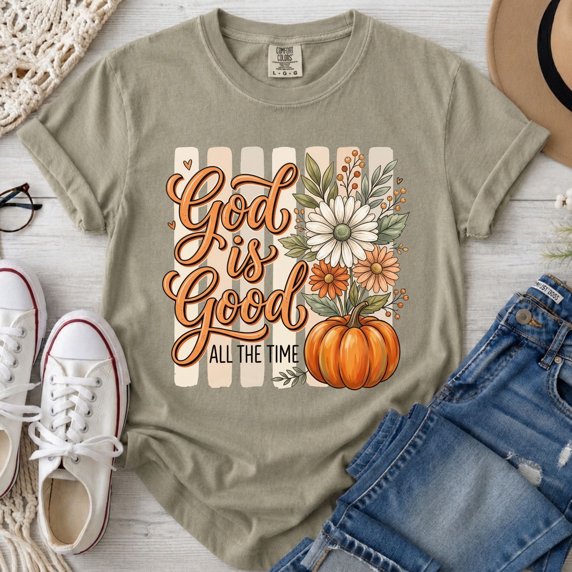 God Is Good All the Time Christian Comfort Colors T-Shirt in Khaki