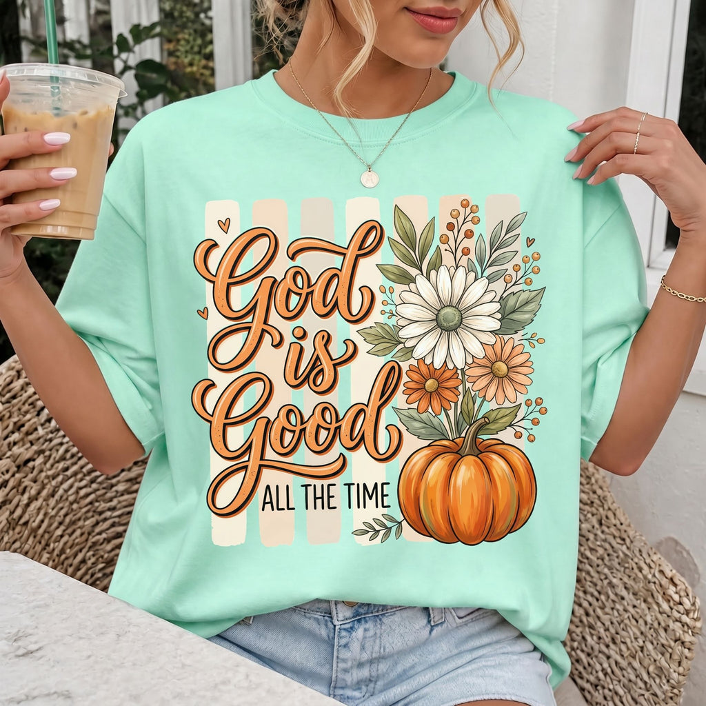 Woman wearing God Is Good All the Time Christian Comfort Colors T-Shirt in Island Reef