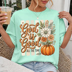 Woman wearing God Is Good All the Time Christian Comfort Colors T-Shirt in Island Reef