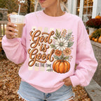 Woman wearing God Is Good All the Time Christian sweatshirt in Light Pink