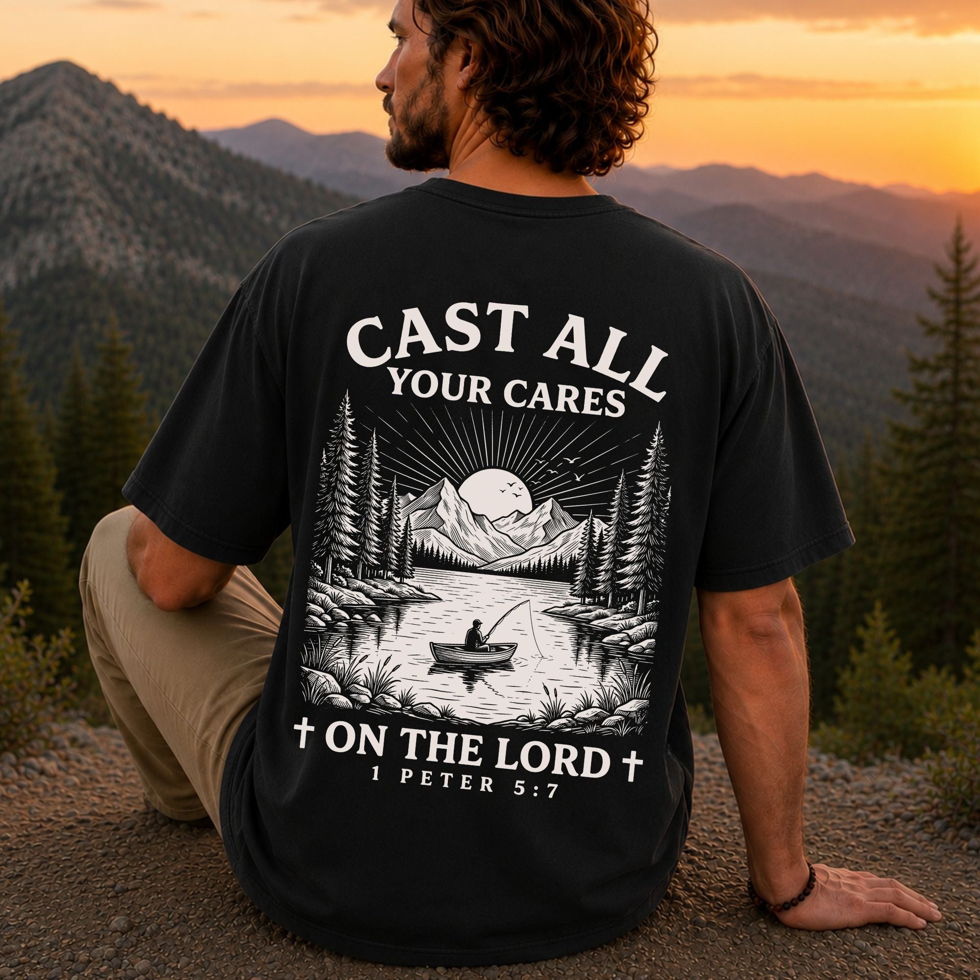 Man wearing Cast All Your Cares on the Lord Christian Comfort Colors T-Shirt in Black