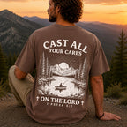 Man wearing Cast All Your Cares on the Lord Christian Comfort Colors T-Shirt in Espresso