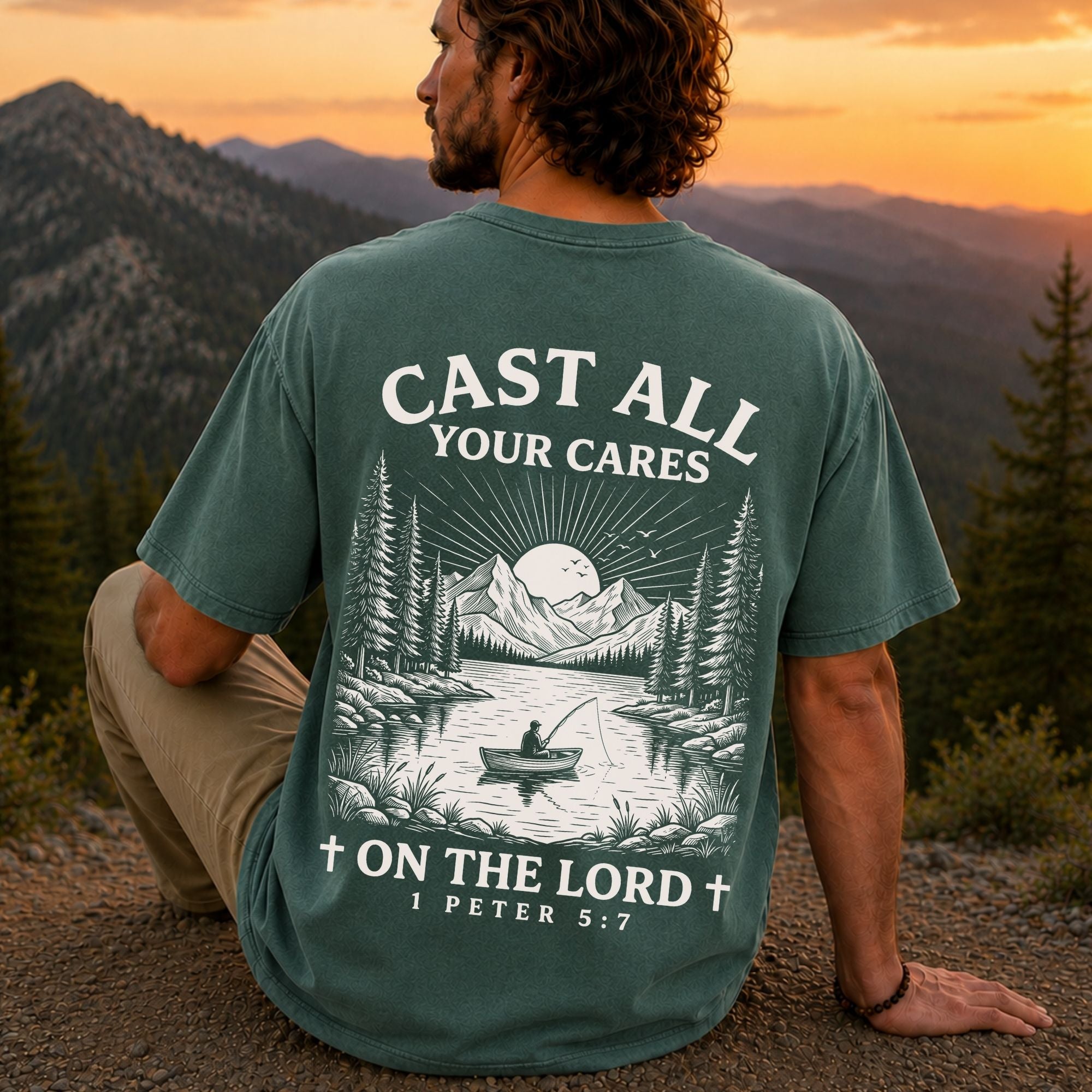 Man wearing Cast All Your Cares on the Lord Christian Comfort Colors T-Shirt in Blue Spruce
