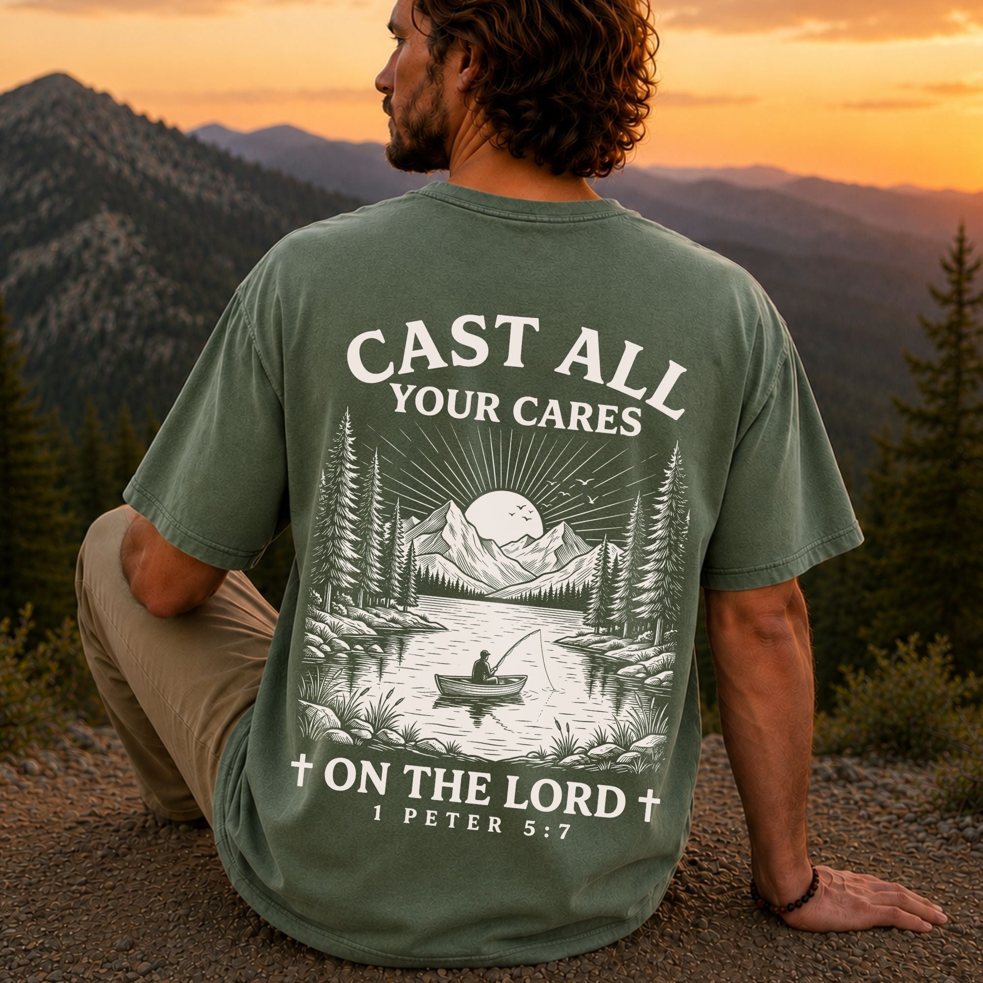 Man wearing Cast All Your Cares on the Lord Christian Comfort Colors T-Shirt in Moss