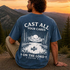 Man wearing Cast All Your Cares on the Lord Christian Comfort Colors T-Shirt in Midnight