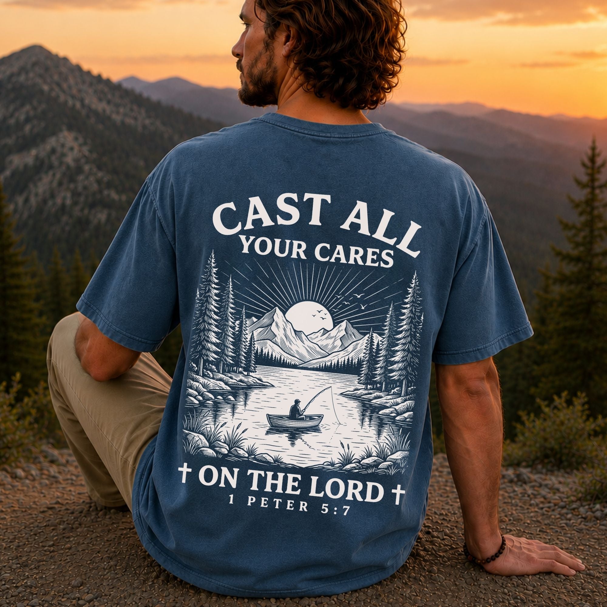 Man wearing Cast All Your Cares on the Lord Christian Comfort Colors T-Shirt in Midnight