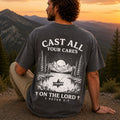 Man wearing Cast All Your Cares on the Lord Christian Comfort Colors T-Shirt in Pepper
