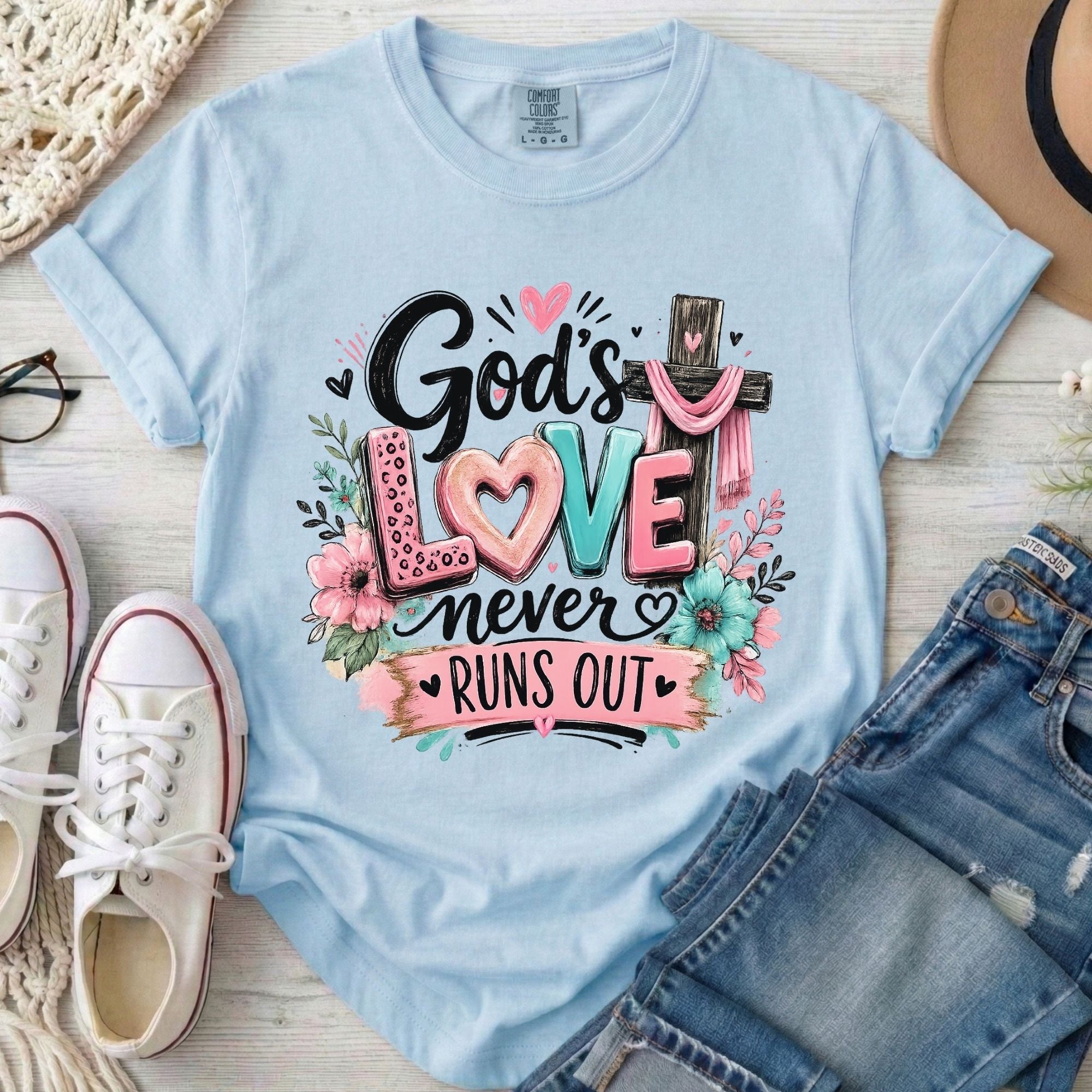 God's Love Never Runs Out Christian Comfort Colors T-Shirt in Chambray