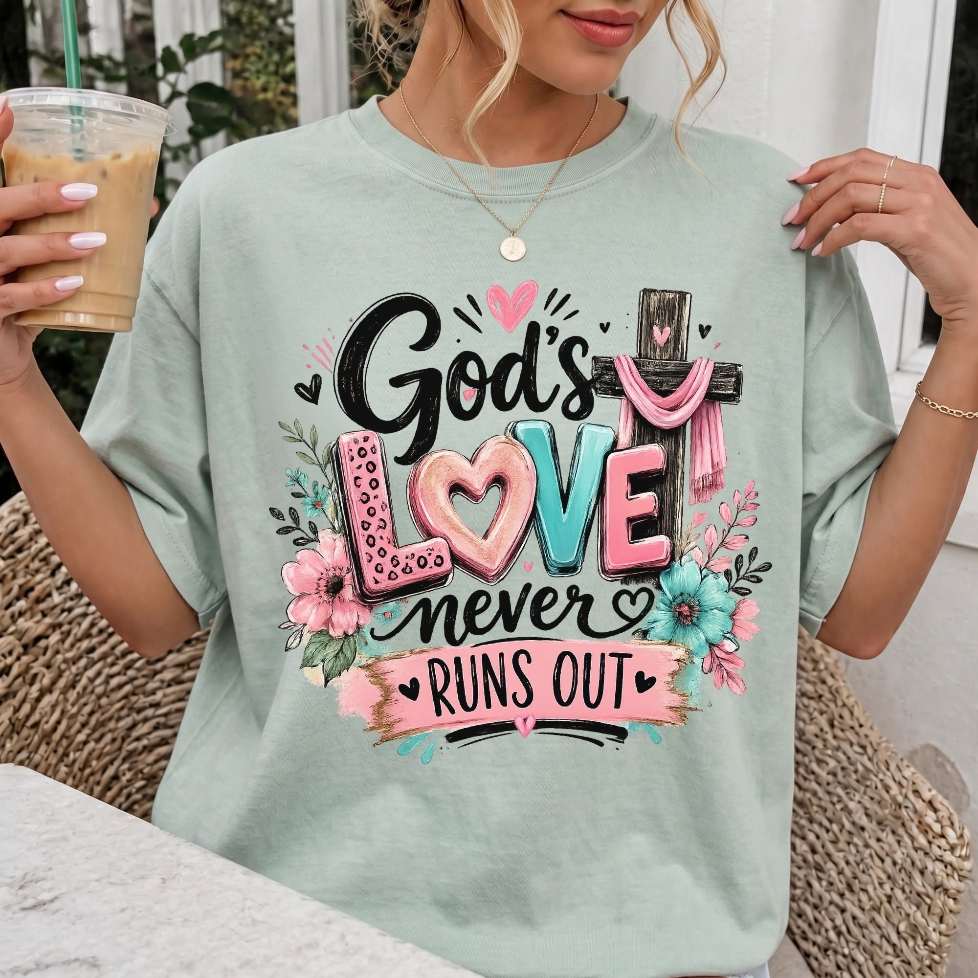 Woman wearing God's Love Never Runs Out Christian Comfort Colors T-Shirt in Bay