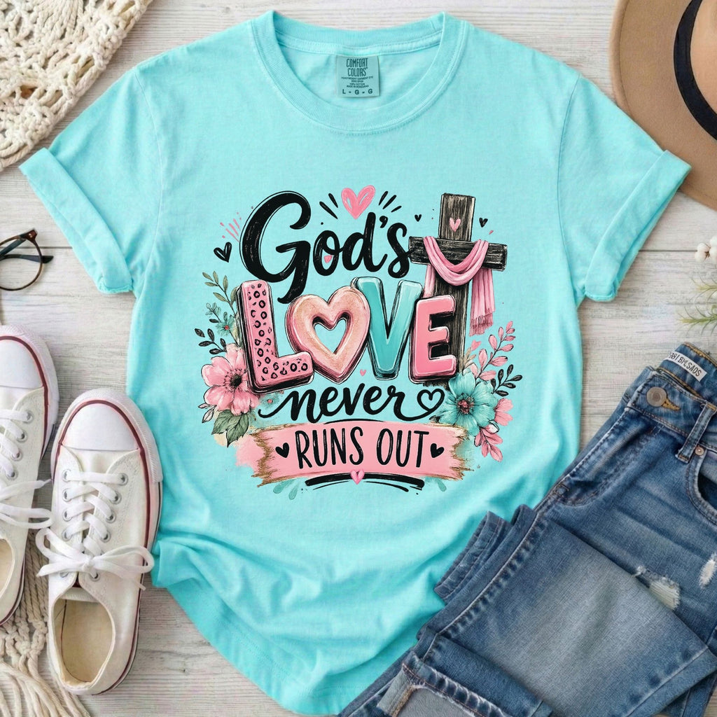 God's Love Never Runs Out Christian Comfort Colors T-Shirt in Chalky Mint