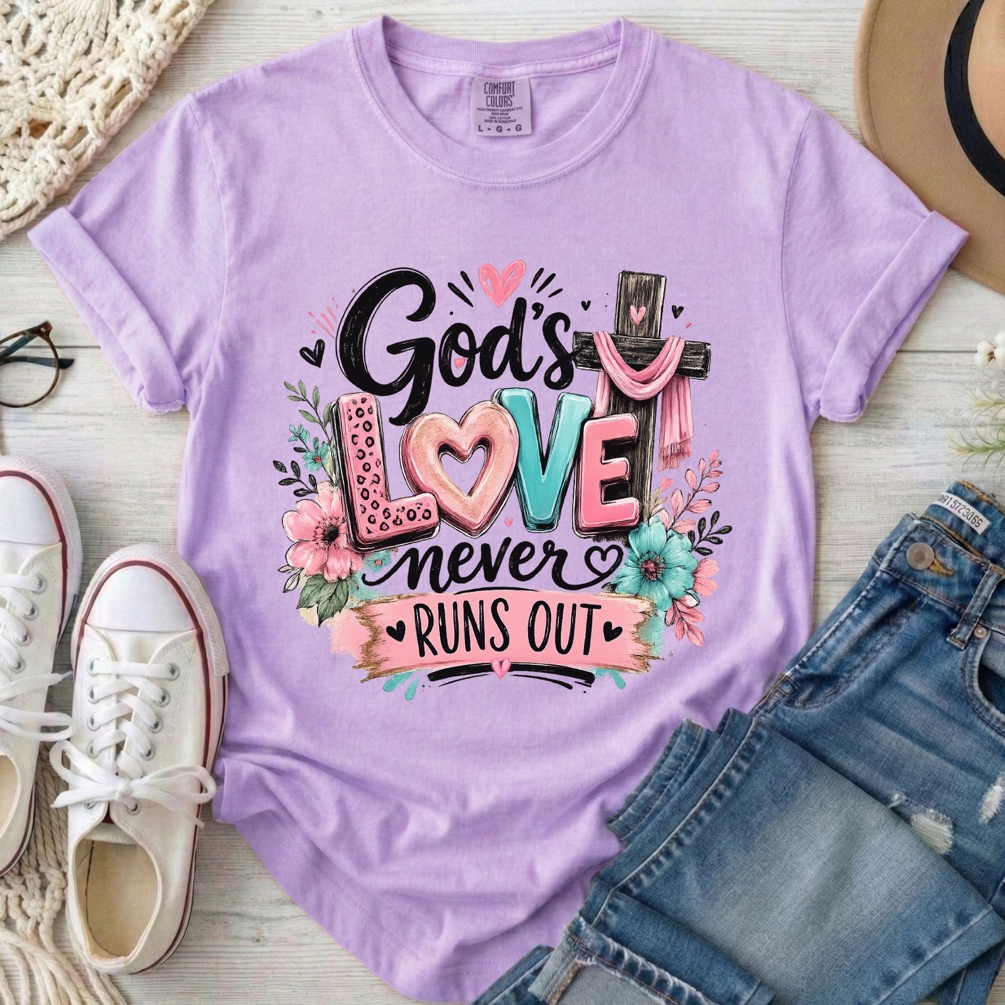 God's Love Never Runs Out Christian Comfort Colors T-Shirt in Orchid