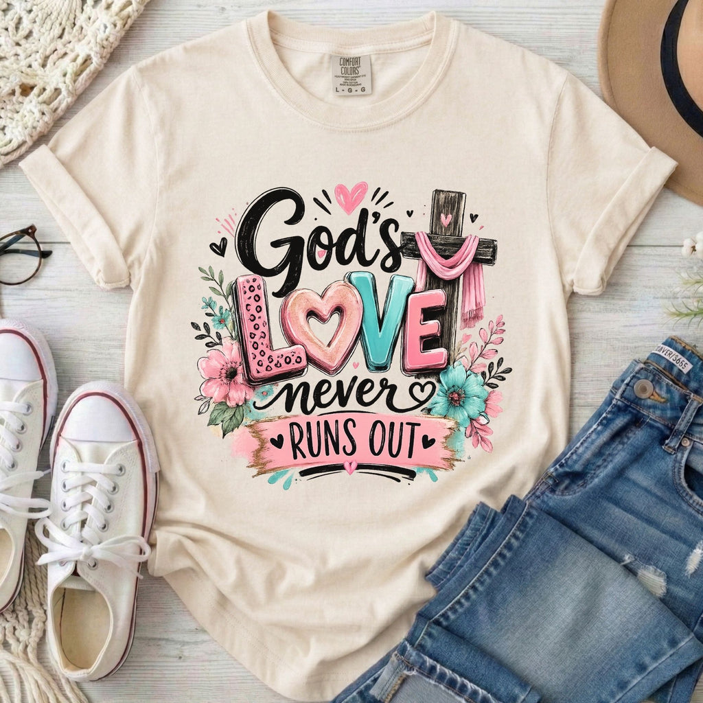 God's Love Never Runs Out Christian Comfort Colors T-Shirt in Ivory