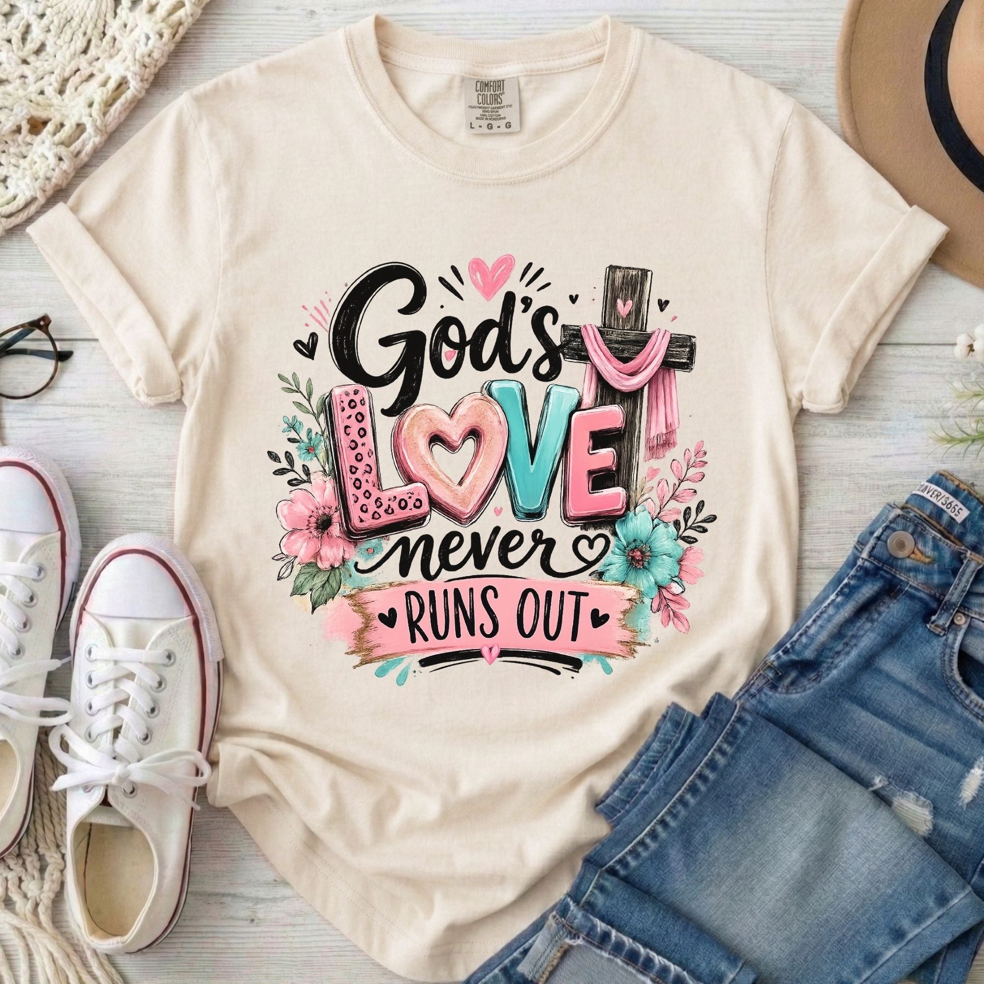 God's Love Never Runs Out Christian Comfort Colors T-Shirt in Ivory