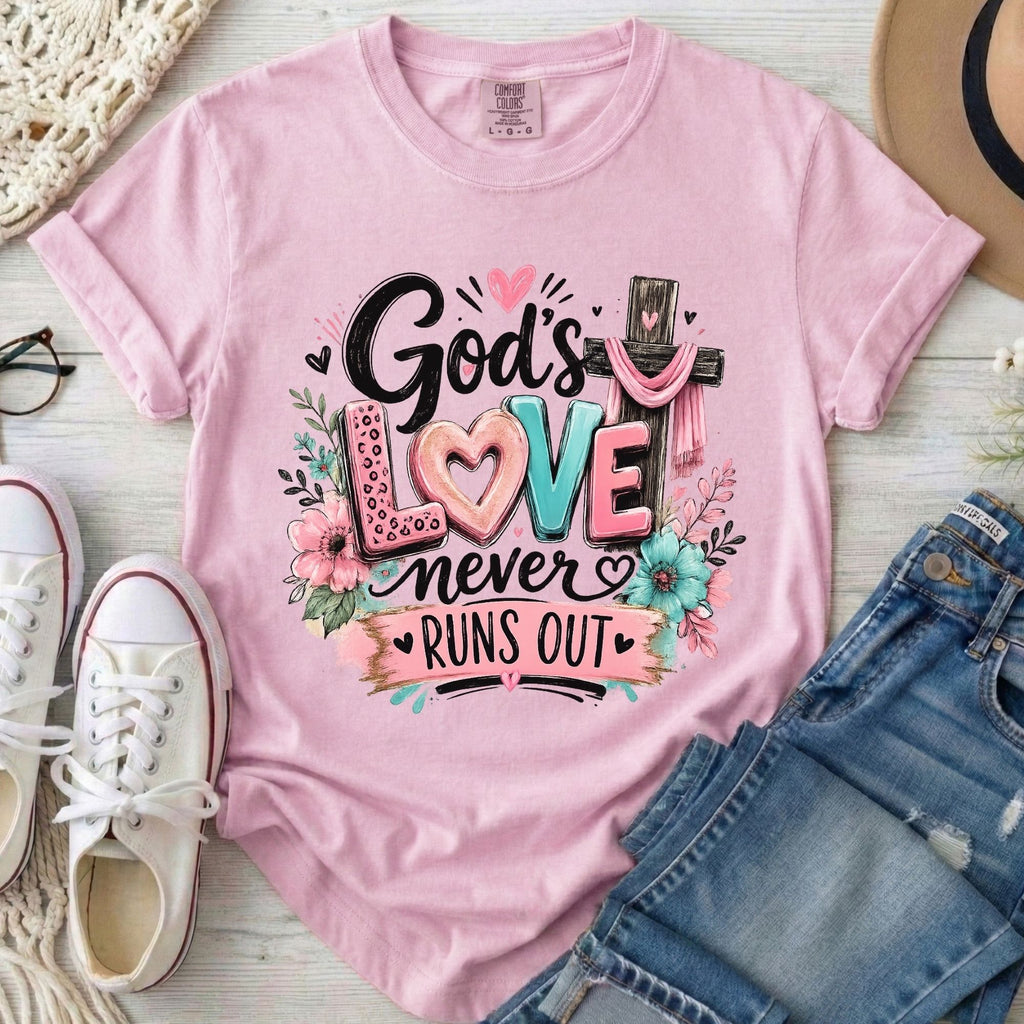 God's Love Never Runs Out Christian Comfort Colors T-Shirt in Blossom