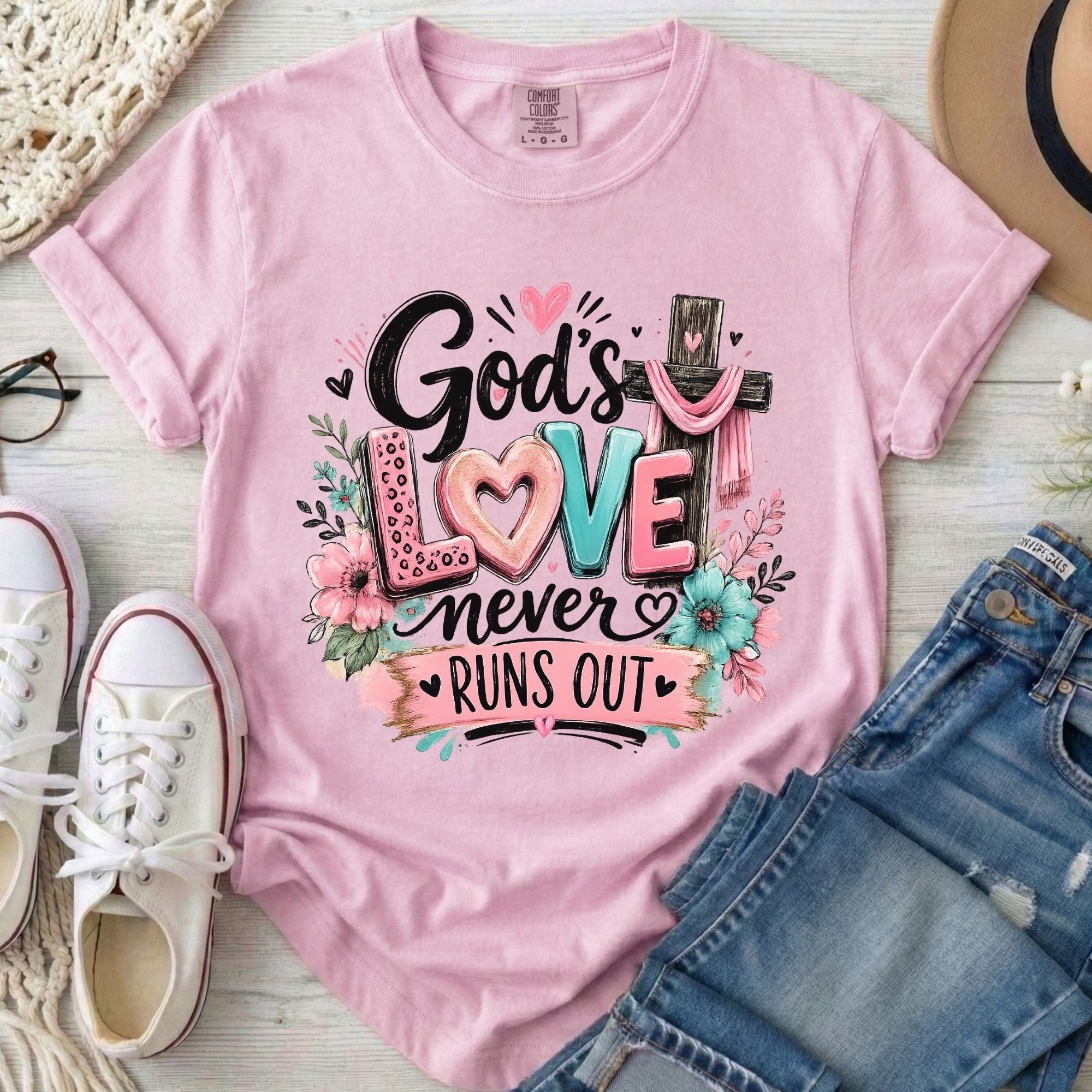 God's Love Never Runs Out Christian Comfort Colors T-Shirt in Blossom