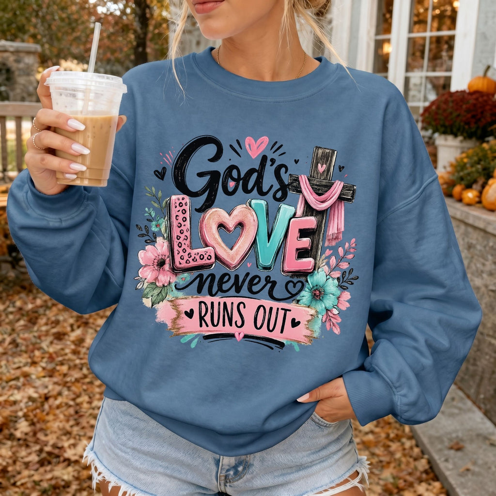Woman wearing God's Love Never Runs Out Christian sweatshirt in Indigo Blue