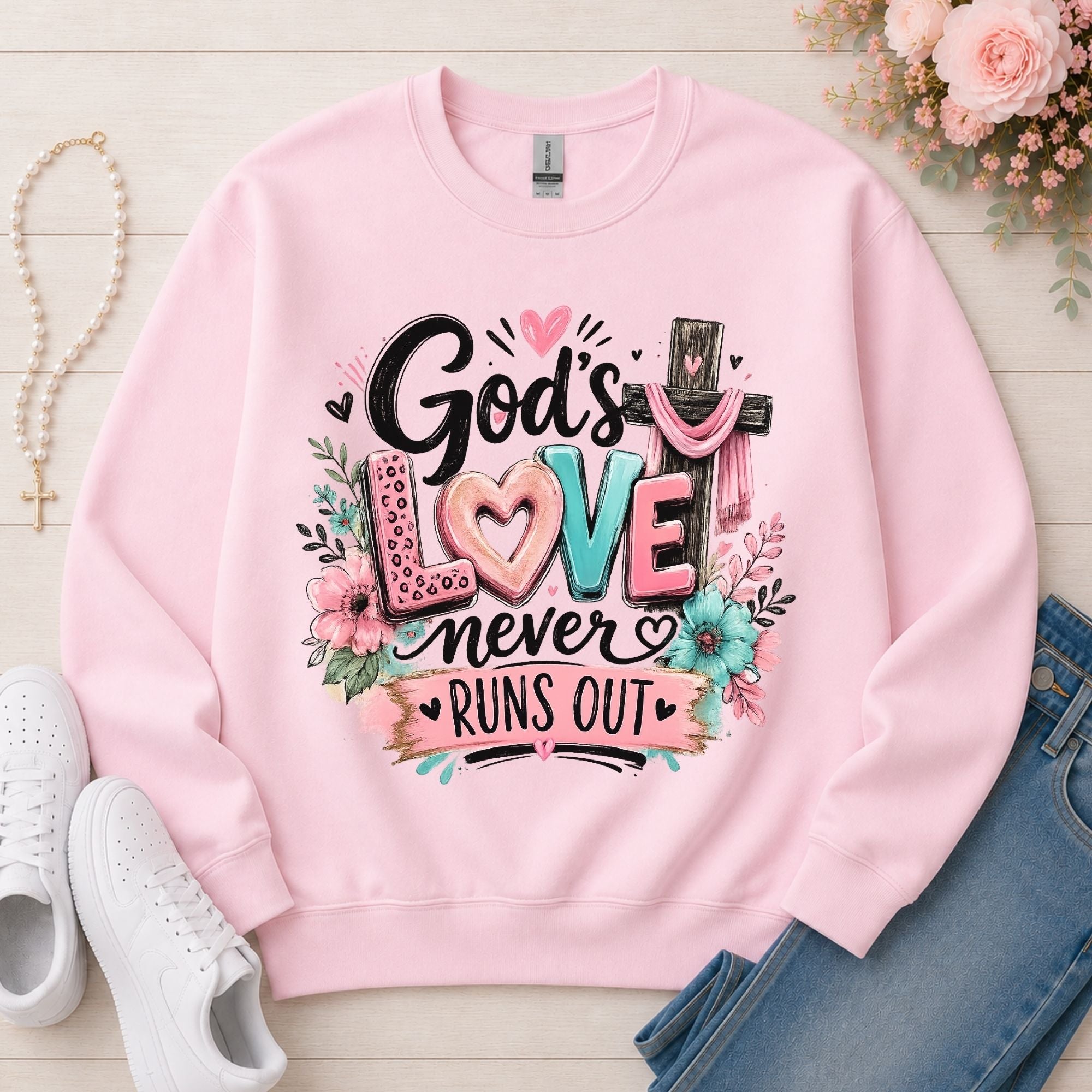 God's Love Never Runs Out Christian sweatshirt in Light Pink