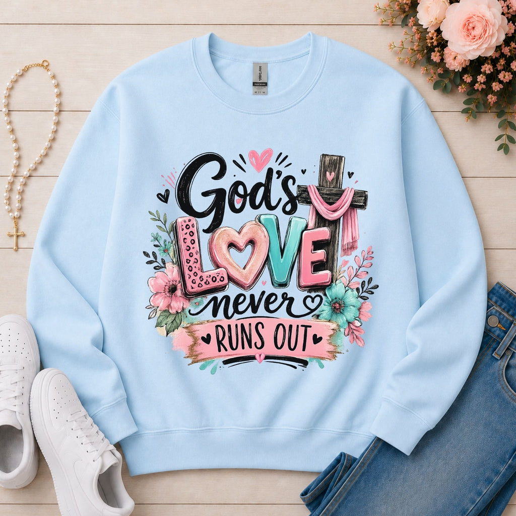 God's Love Never Runs Out Christian sweatshirt in Light Blue