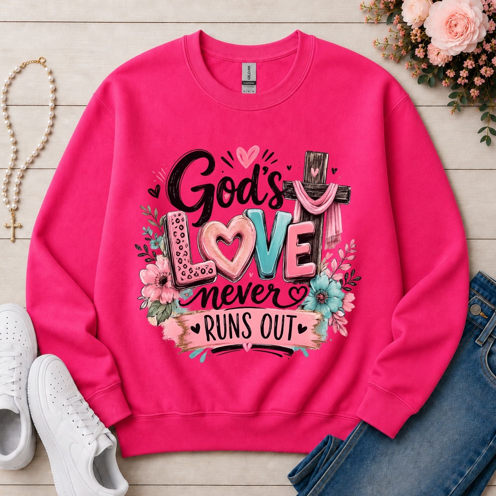 God's Love Never Runs Out Christian sweatshirt in Heliconia
