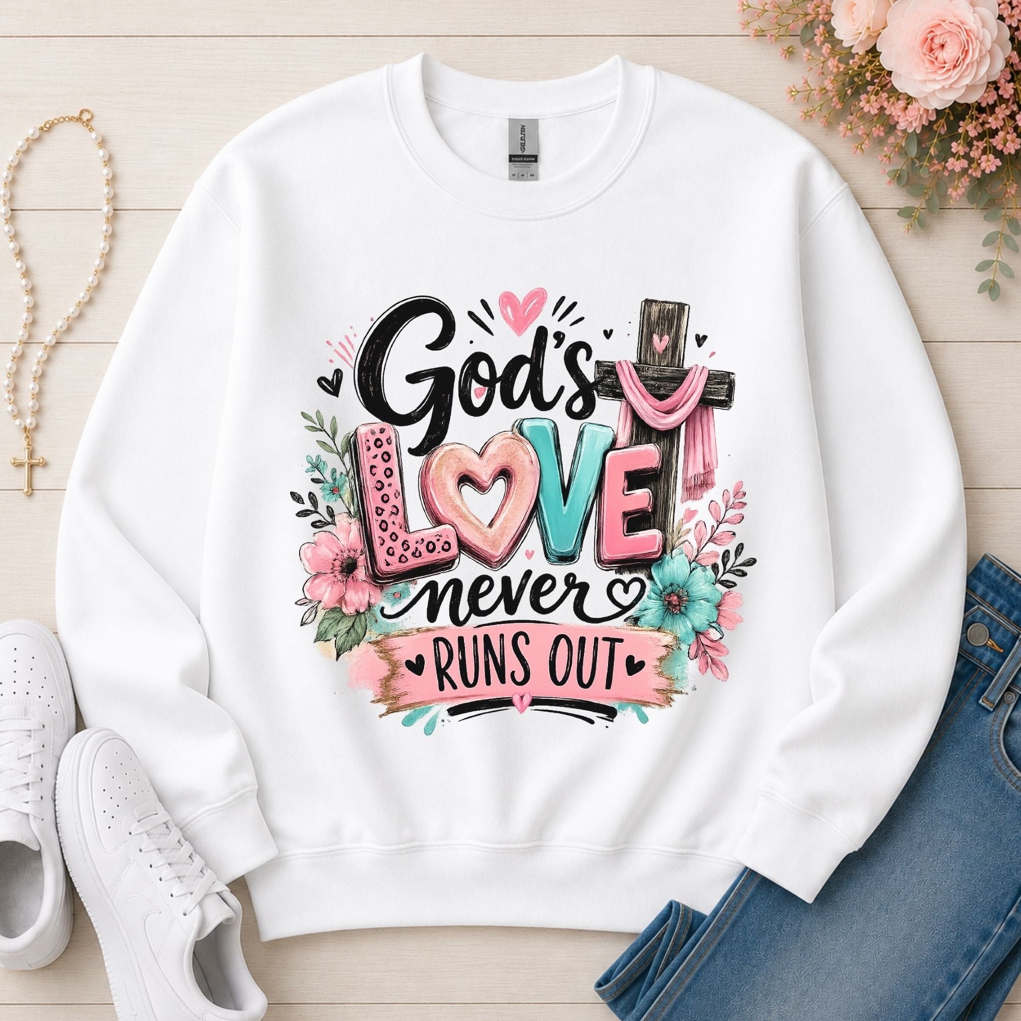 God's Love Never Runs Out Christian sweatshirt in White