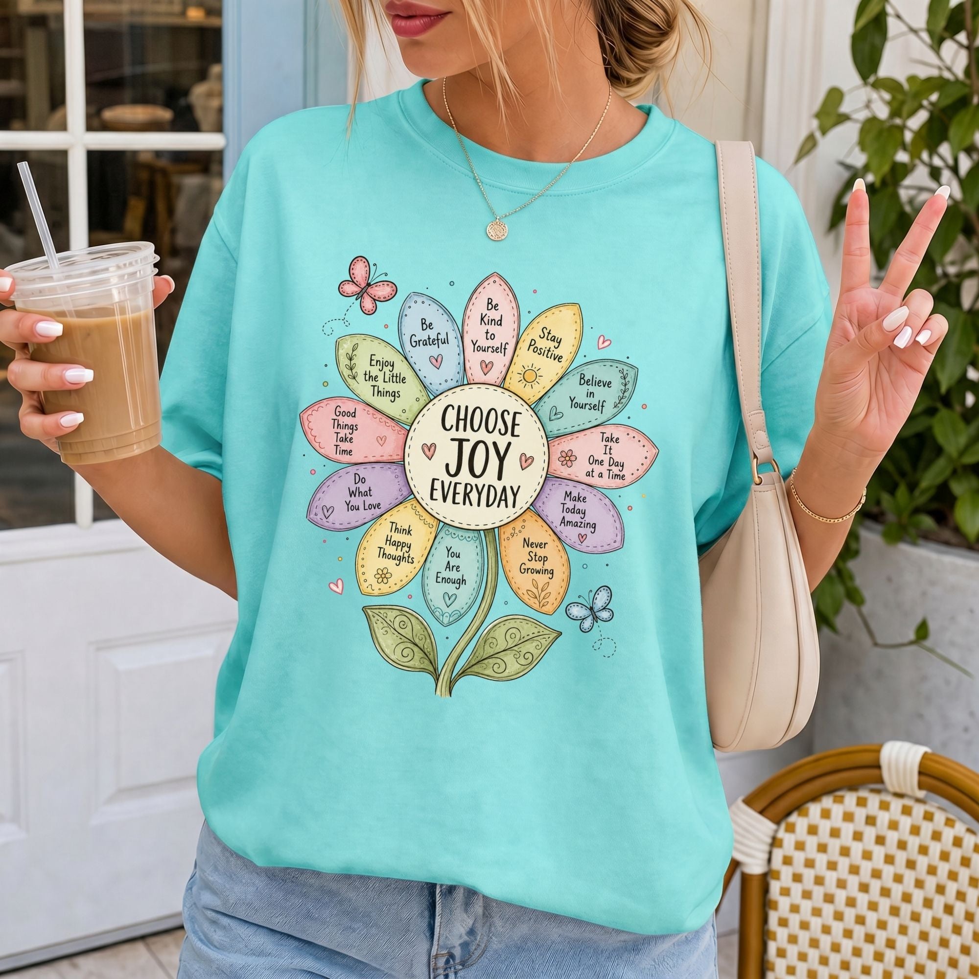 Woman wearing Choose Joy Everyday Comfort Colors Christian T-Shirt in Chalky Mint