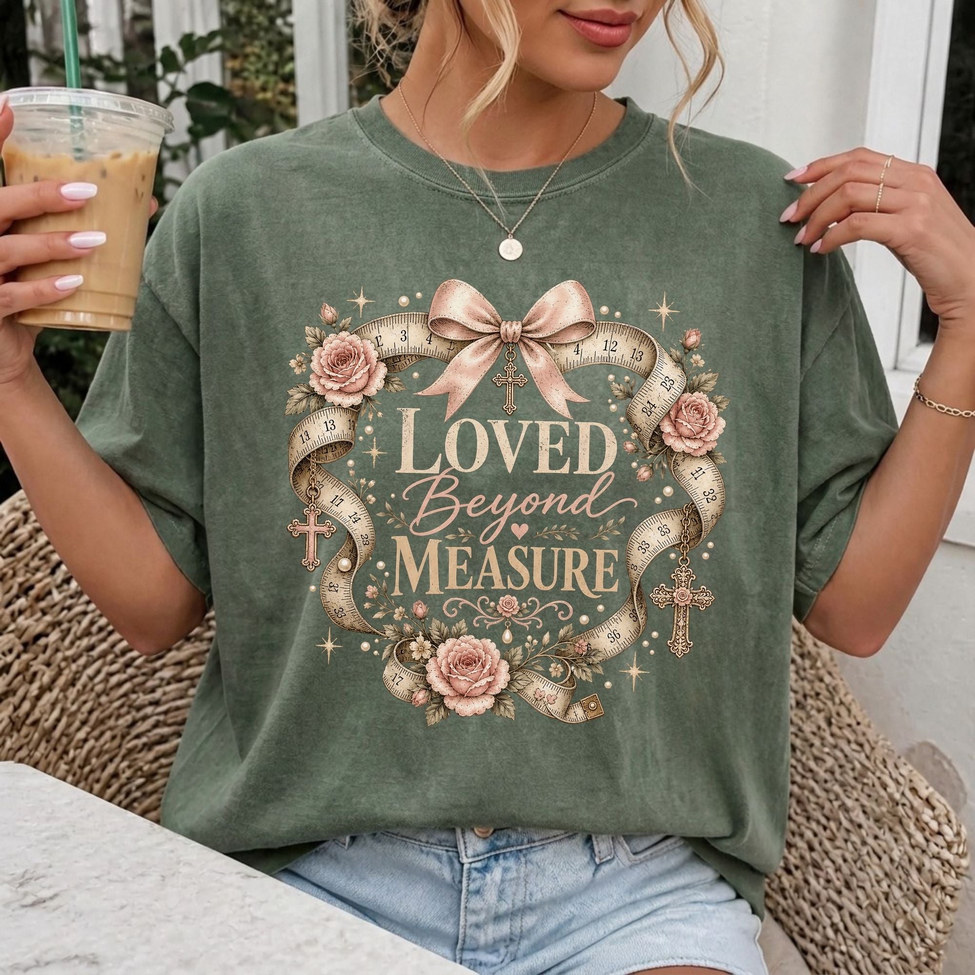 Woman wearing Loved Beyond Measure Christian Comfort Colors T-Shirt in Moss