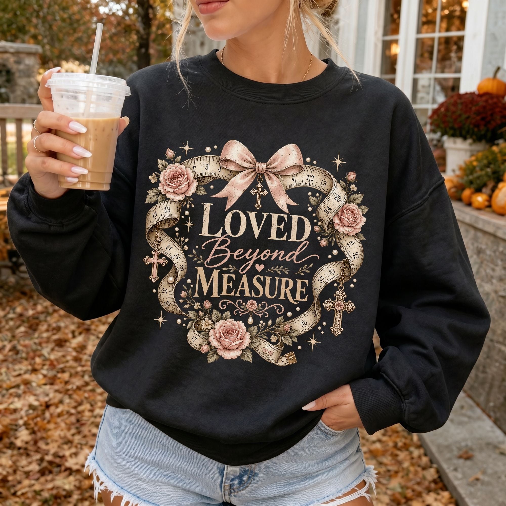 Woman wearing Loved Beyond Measure Christian sweatshirt in Black