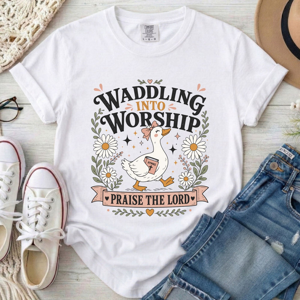 Waddling Into Worship Christian Comfort Colors T-Shirt in White