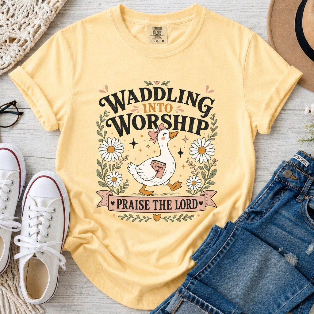 Waddling Into Worship Christian Comfort Colors T-Shirt in Butter