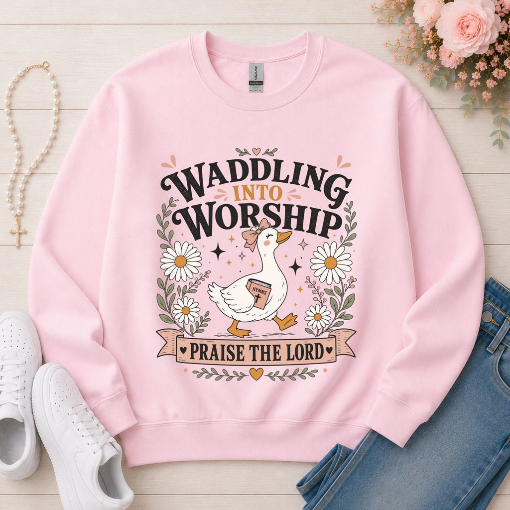 Waddling Into Worship Christian sweatshirt in Light Pink