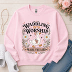 Waddling Into Worship Christian sweatshirt in Light Pink