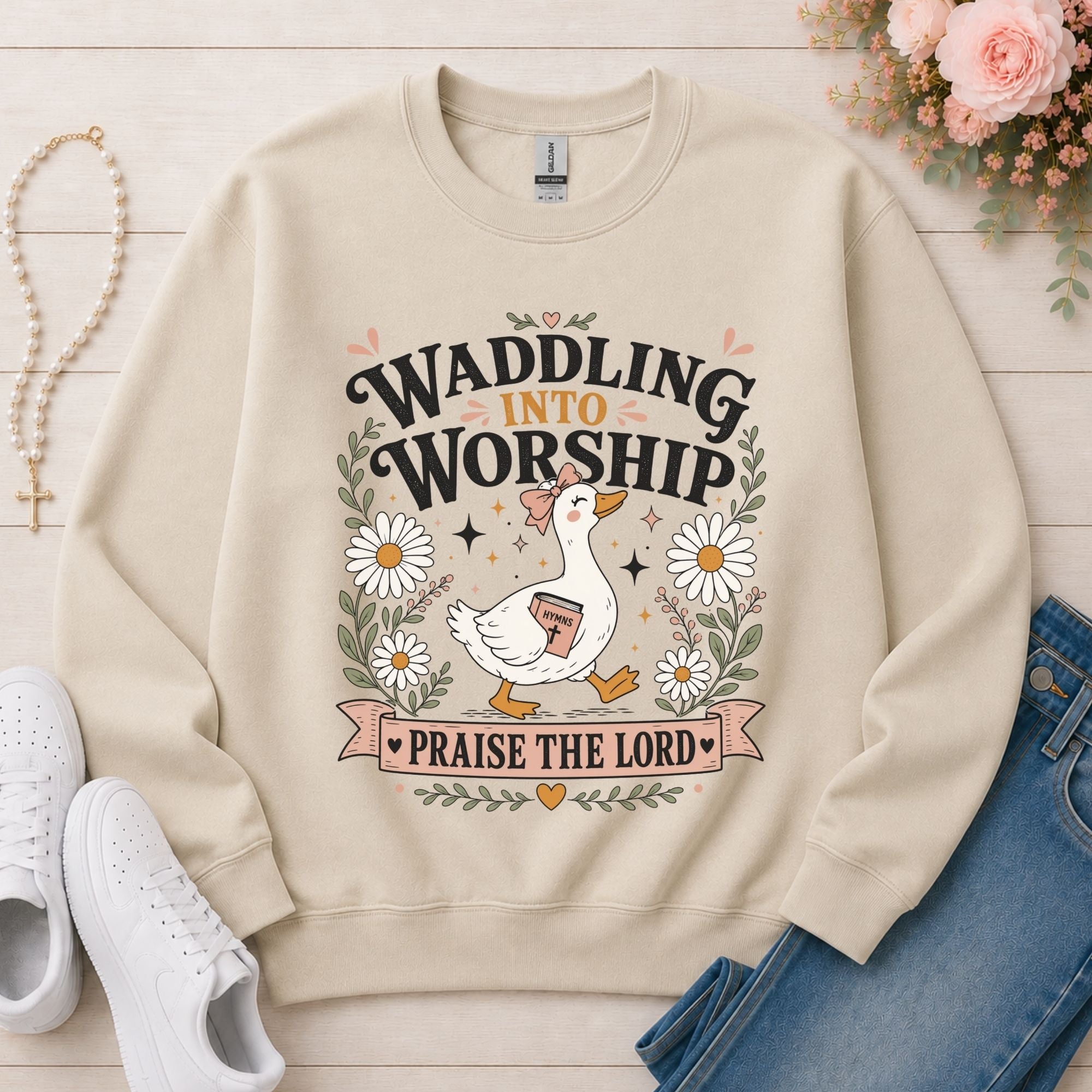 Waddling Into Worship Christian sweatshirt in Sand