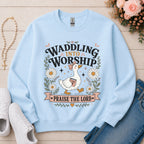 Waddling Into Worship Christian sweatshirt in Light Blue
