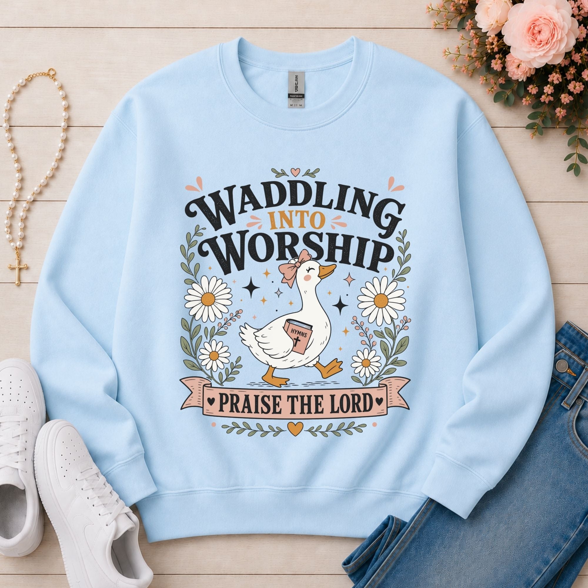 Waddling Into Worship Christian sweatshirt in Light Blue