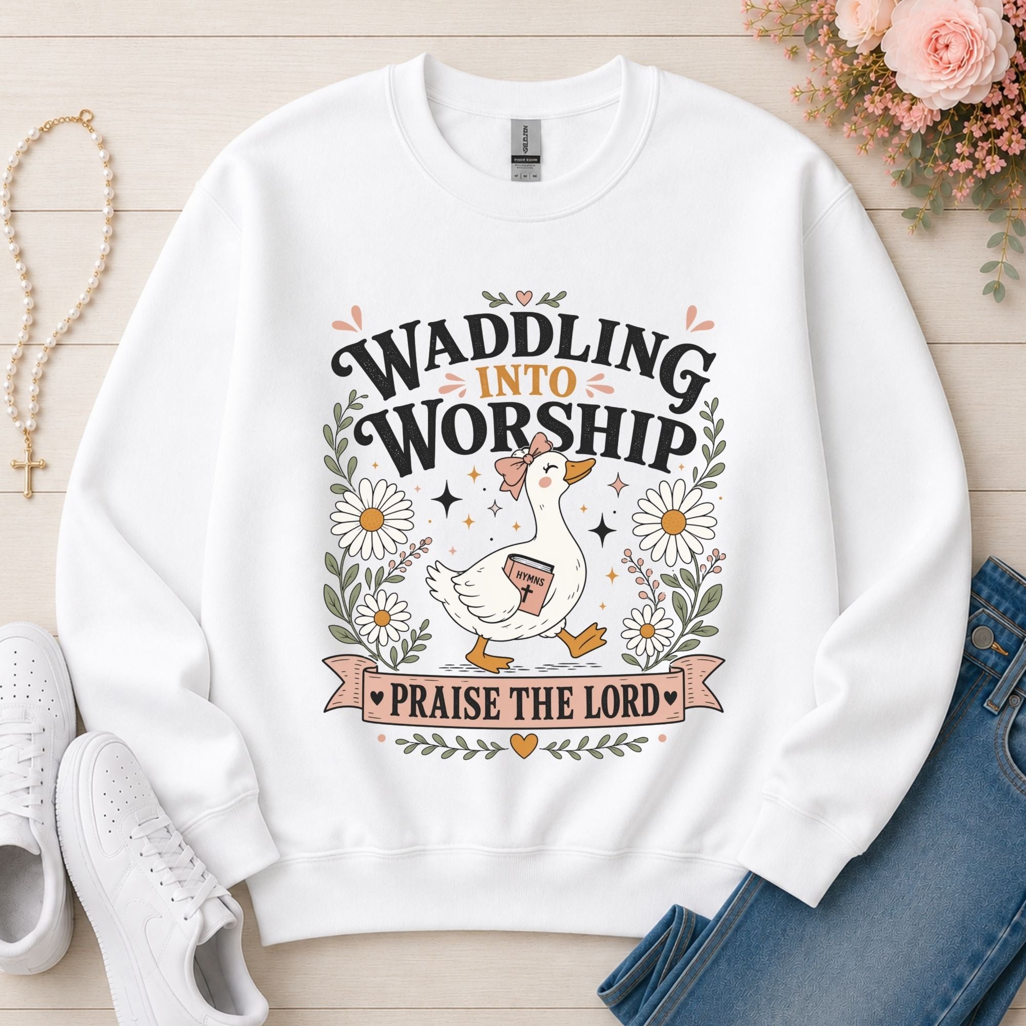 Waddling Into Worship Christian sweatshirt in White