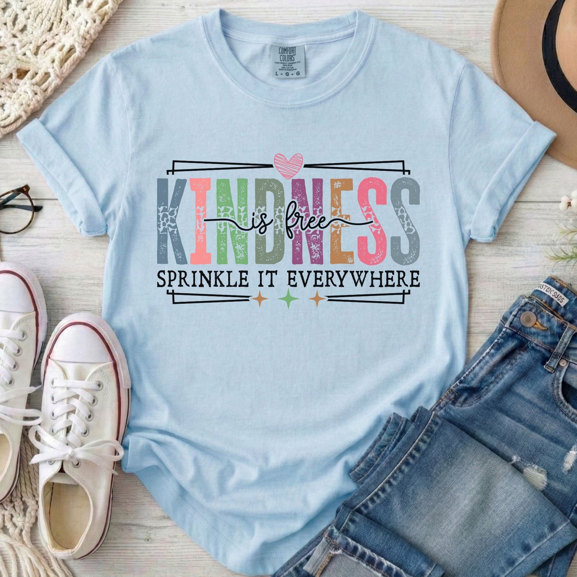 Kindness Is Free Comfort Colors Inspirational T-Shirt in Chambray