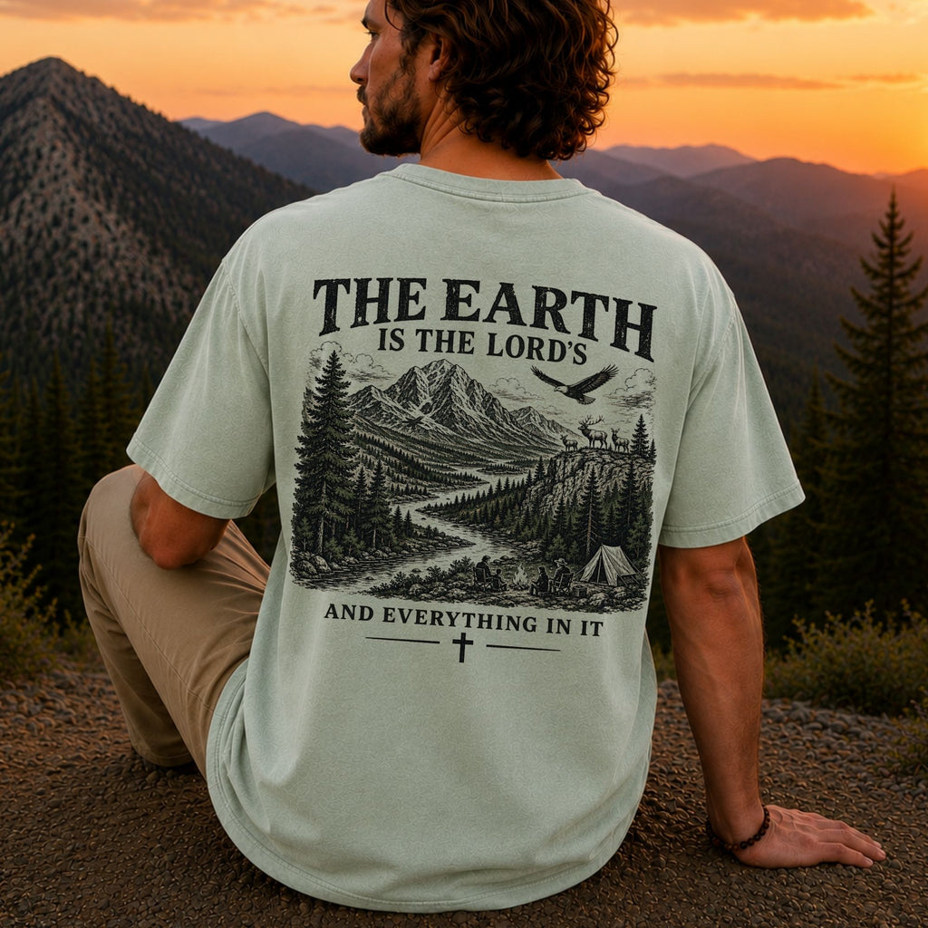 Man wearing The Earth Is the Lord's Christian Comfort Colors T-Shirt in Bay