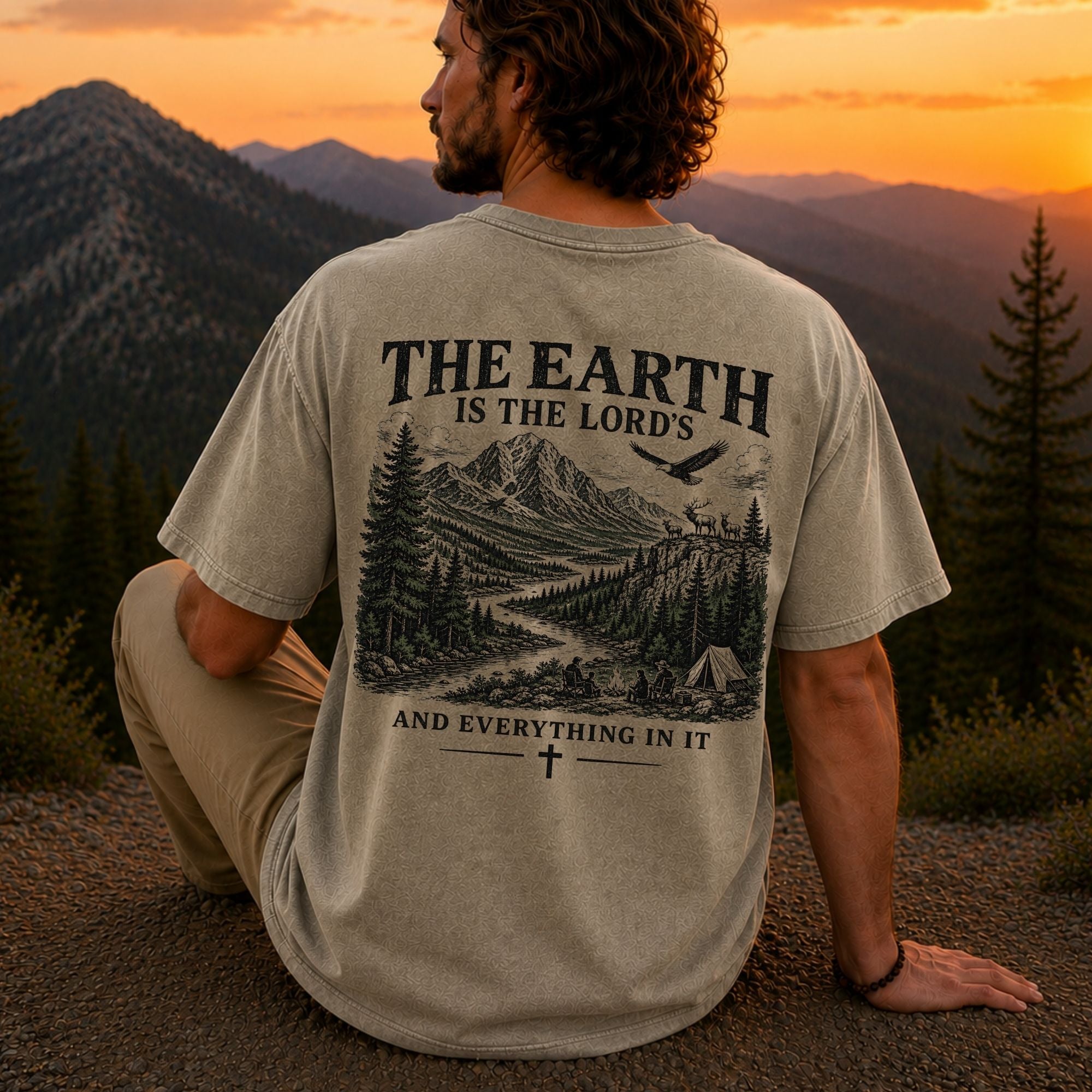 Man wearing The Earth Is the Lord's Christian Comfort Colors T-Shirt in Khaki