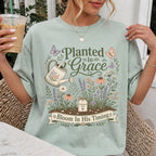 Woman wearing Planted in Grace Christian Comfort Colors T-Shirt in Bay